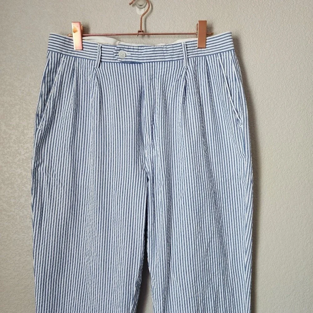 GARRET SCOTT Pleated Cuffed Seersucker pants Nautical preppy blue white‎ 36R